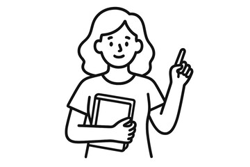 Woman student teacher pointing finger up eureka moment idea holding books notebooks. Education learning academic study concept illustration vector line art drawing