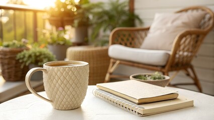 Cozy morning on a balcony with coffee and a book