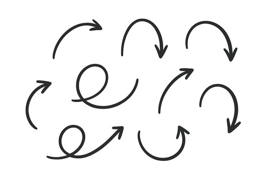 Hand-drawn curved arrows collection, looping arrow scribbles, sketch pointer icons, doodle swirl direction symbols set, black marker stroke vector illustration isolated on transparent background