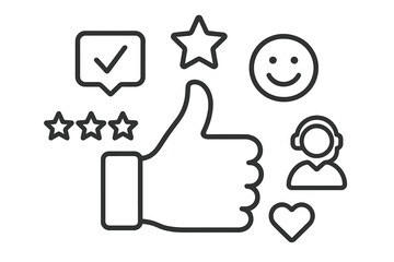 Obraz premium Customer satisfaction line icon set with thumbs up, smiley face, headset support agent, heart, star rating and checkmark bubble showing positive feedback, social media review symbol