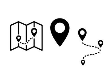Map and location pin icon set showing GPS marker, itinerary route with dashed path, navigation wayfinding symbols, black glyph pictograms, isolated flat vector illustration