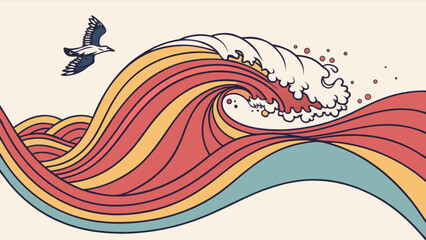 Obraz premium Vintage ocean wave illustration with seagull vector art retro style sea waves and bird graphic design 100
