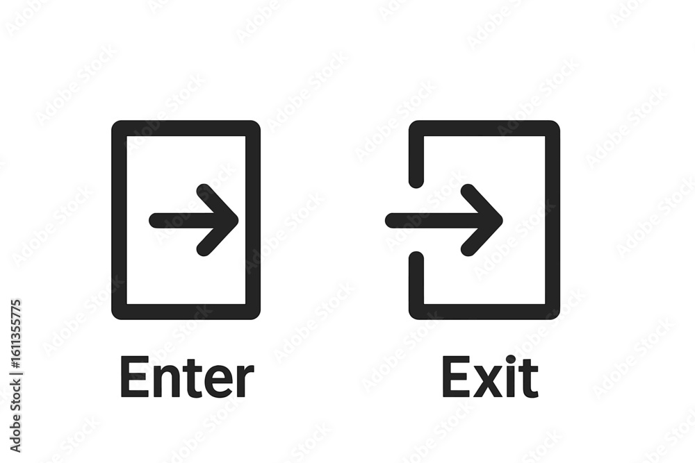 Poster enter and exit icon set with right arrow door frame outline, minimal login logout symbols for mobile