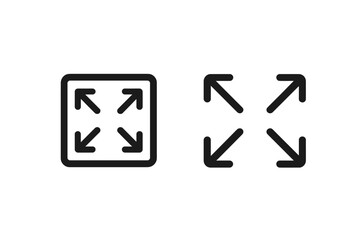 Fototapeta premium Fullscreen and exit fullscreen icons – maximize and minimize square arrow buttons for video player controls, mobile app interface, website UI, flat black outline vector isolated