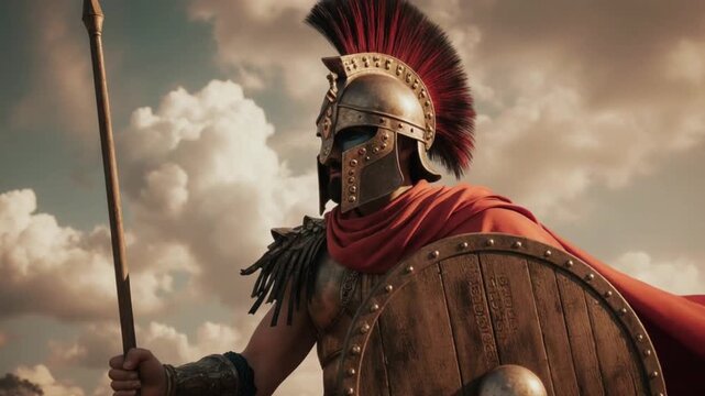 A formidable Spartan warrior armed with spear and shield against a dramatic sky