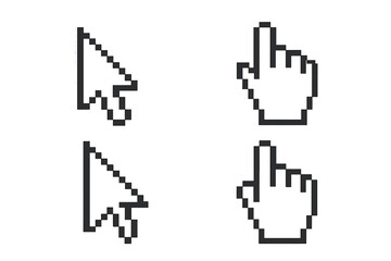 Pixelated cursor and hand pointer icon set, retro 8-bit arrow click symbols, mouse pointer collection isolated on transparent background, vector illustration for web UI design
