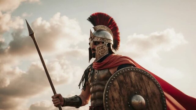 Spartan warrior with helmet, shield, and spear stands ready for battle in ancient times