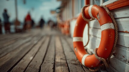 An orange lifebuoy with white stripes hangs on the side of a wooden pier, with blurred people and ocean in the background.