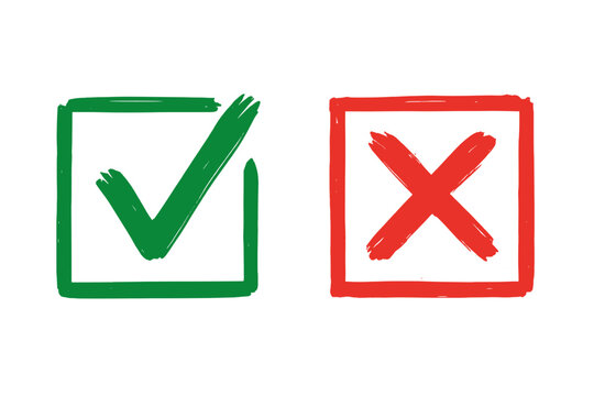 Hand drawn green check mark and red cross icon set. Stroke tick and X in checkbox boxes. Yes no choice, correct incorrect, approval rejection, success failure vector illustration
