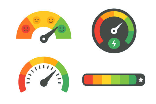 Performance gauge vector set of speedometer, KPI dashboard rating meter, customer satisfaction emoji scale, power energy level indicator, progress loading bar icons isolated