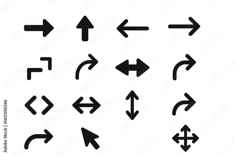 Poster big bundle of black flat arrow icons and cursors for interface navigation, direction, rotation, resi