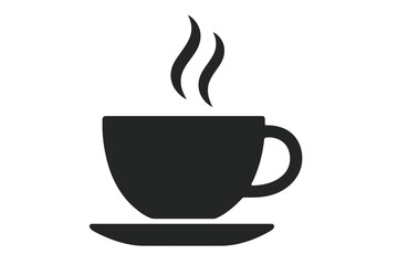 Hot coffee cup mug or tea drink icon silhouette. Steaming beverage pictogram. Flat black vector symbol for café menu, food app button, website UI glyph, barista element.