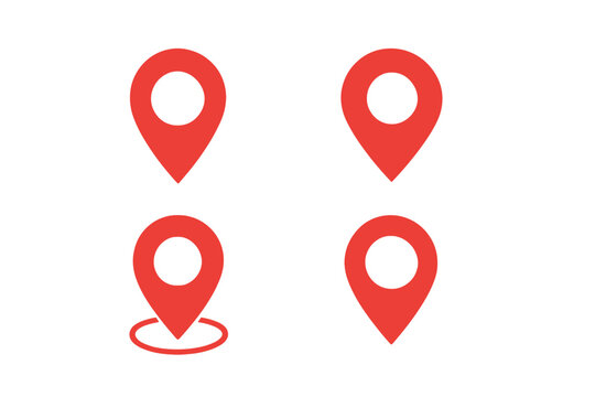 Red map pin icons collection, flat GPS location pointer markers with target ring, geo tag symbol pack for navigation app UI, map design, address locator, transparent PNG illustration