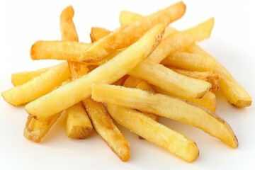 A pile of golden, crispy French fries isolated on a white background, showcasing their delicious texture and color.