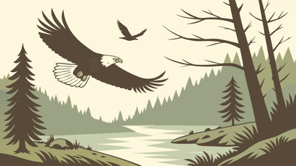 Illustration of an eagle soaring over a river with a forest landscape and another bird in the distance
