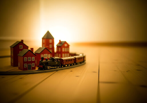 A charming miniature steam train with carriages travels on a track amidst a cluster of red model houses on a warm wooden floor. - Powered by Adobe