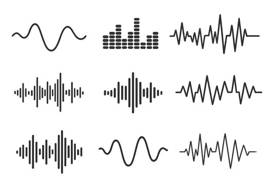 Sound wave icon set with audio equalizer bars, music frequency waveform symbols, digital and analog signal lines, voice spectrum, beat pulse amplitude graphs, vector illustration