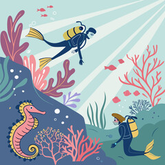 Fototapeta premium Two Divers Exploring Vibrant Coral Reef with Seahorse