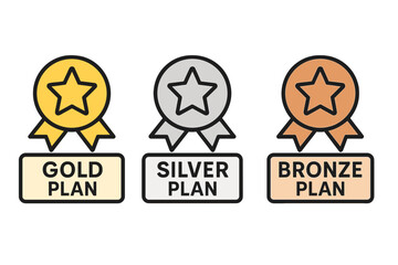 Premium membership plan icons set. Gold silver bronze subscription tiers badges. VIP pricing levels medals. Business service plans. Loyalty program rewards vector illustration