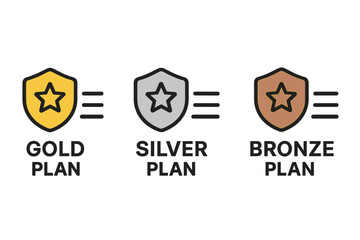 Premium membership plan icons set. Gold silver bronze tier shields with stars. Subscription level badges. Pricing plan vector illustration transparent background