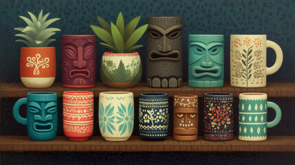 A collection of colorful, retro tiki mugs and succulent plants displayed on two wooden shelves. A vibrant, exotic barware illustration.