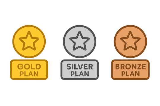 Gold silver bronze membership plan icons set. Premium subscription tier badges with star symbols. Loyalty program levels vector illustration for web app UI design