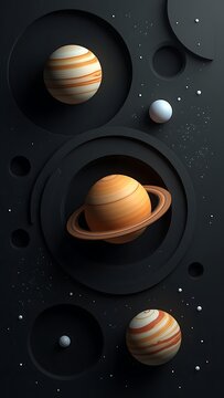 Surreal Minimalist Planetary Scene with Papercut-style Planets
