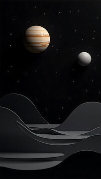 Surreal Minimalist Space Scene with Jupiter and Abstract Landscape
