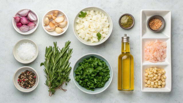 Clean mise en place setup featuring various fresh ingredients, including herbs, spices, and oils, arranged neatly bowls. This organized display enhances cooking experience and showcases vibrant