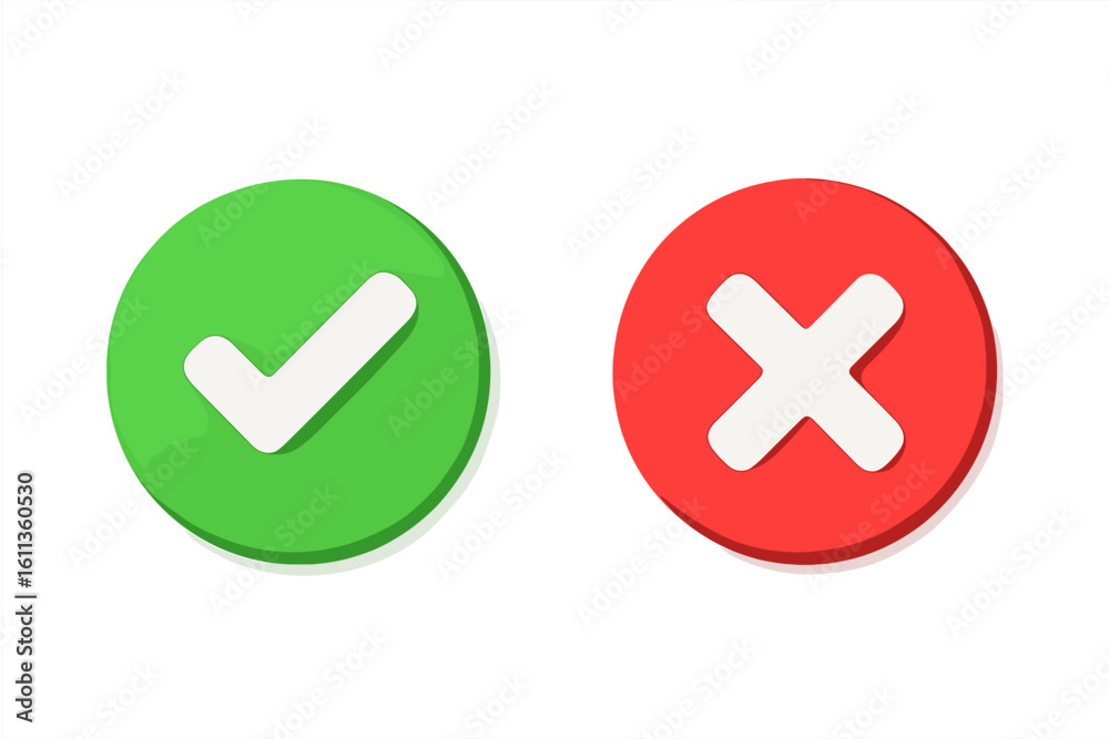 Poster 3d circular buttons set with green checkmark tick and red cross x symbols. accept decline yes no int