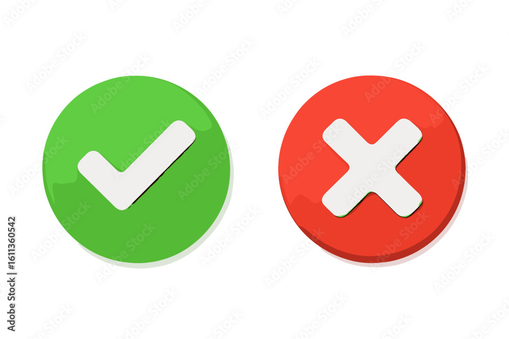 Poster 3d checkmark cross button icon set. green tick red x symbol. accept reject approve deny ui element. 