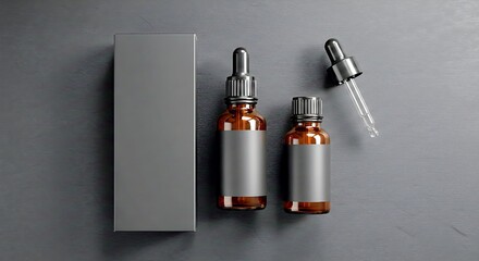 Minimalist Luxury Skincare Mockup – Matte Black Box and Brown Glass Dropper Bottle on Dark Textured Background