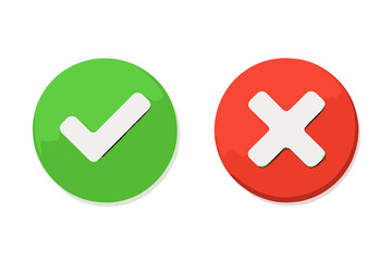 3D checkmark cross button icon set. Green tick red X symbol. Accept reject approve deny UI element. Vector illustration graphic resource for web interface design