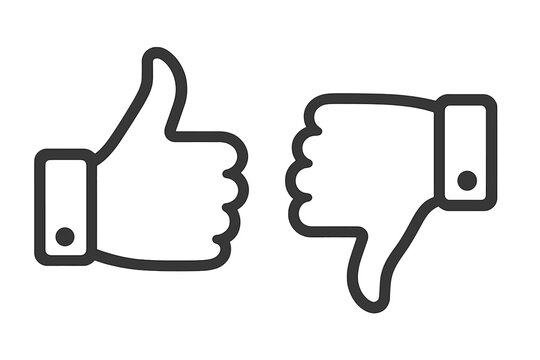 Thumbs up and thumbs down icon, like and dislike gesture symbol, negative feedback sign, social media approval and rejection rating concept, simple line vector illustration