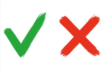 Green check mark tick and red cross wrong icon, brush stroke symbols on white background, yes or no decision, correct versus incorrect sign, approval rejection vector illustration