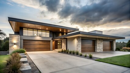 Fototapeta premium A modern luxury home with contemporary architecture, showcasing a beautiful exterior design and a wellmanicured landscape
