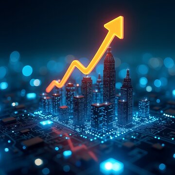 Futuristic Cityscape on a Circuit Board with a Glowing Upward Financial Arrow