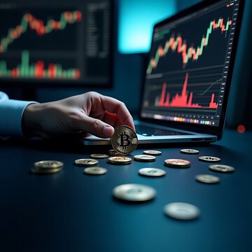 Cinematic Photo of a Hand Holding a Physical Bitcoin with Trading Charts in the Background