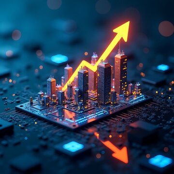 Futuristic City Built on a Circuit Board with a Growing Upward Trend Arrow