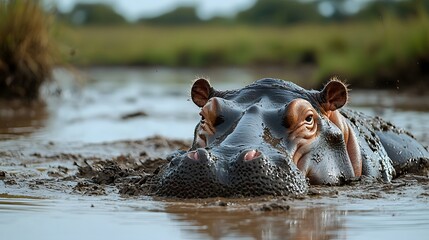 Playful hippopotamus rolling in mud cooling down in vibrant natural setting