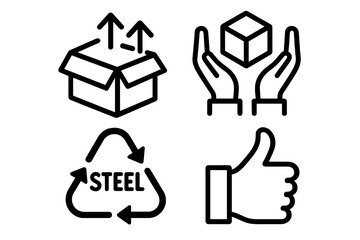 Obraz premium Packaging cargo symbols set, product goods manipulation, steel recycling, fragile, handle with care, this side up, vector outline design.