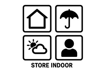 Store Indoor manipulation symbols for packaging. Cargo marking for products and goods. Logistics and shipping icons. Keep dry, protect from sun. Vector illustration set.