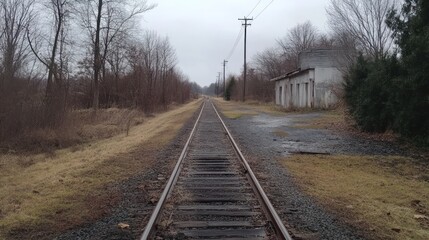 Fototapeta premium Deserted railroad tracks vanishing into a bleak, wintery landscape.