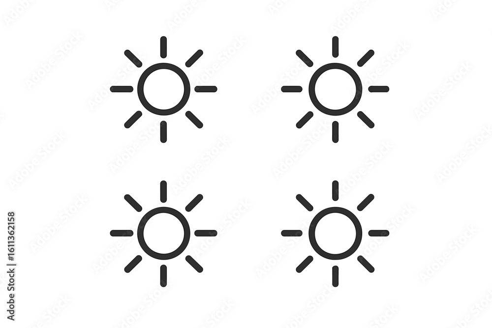 Poster brightness icon set. sun symbols for light and contrast adjustment control. ui element for app and w