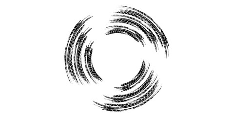 Grunge tire track, wheel braking marks. Truck, car or motorcycle tread pattern silhouette. Auto race,
