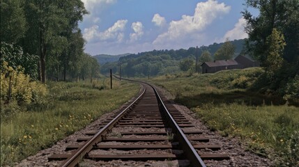 Fototapeta premium Scenic rural railroad tracks disappearing into a lush green valley under a partly cloudy summer sky.