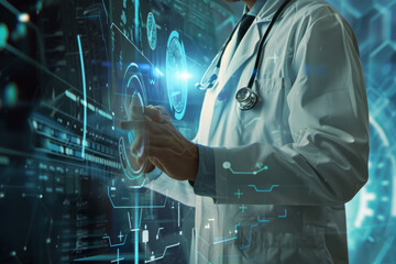 Scientist analyzing DNA helix on a futuristic tablet.