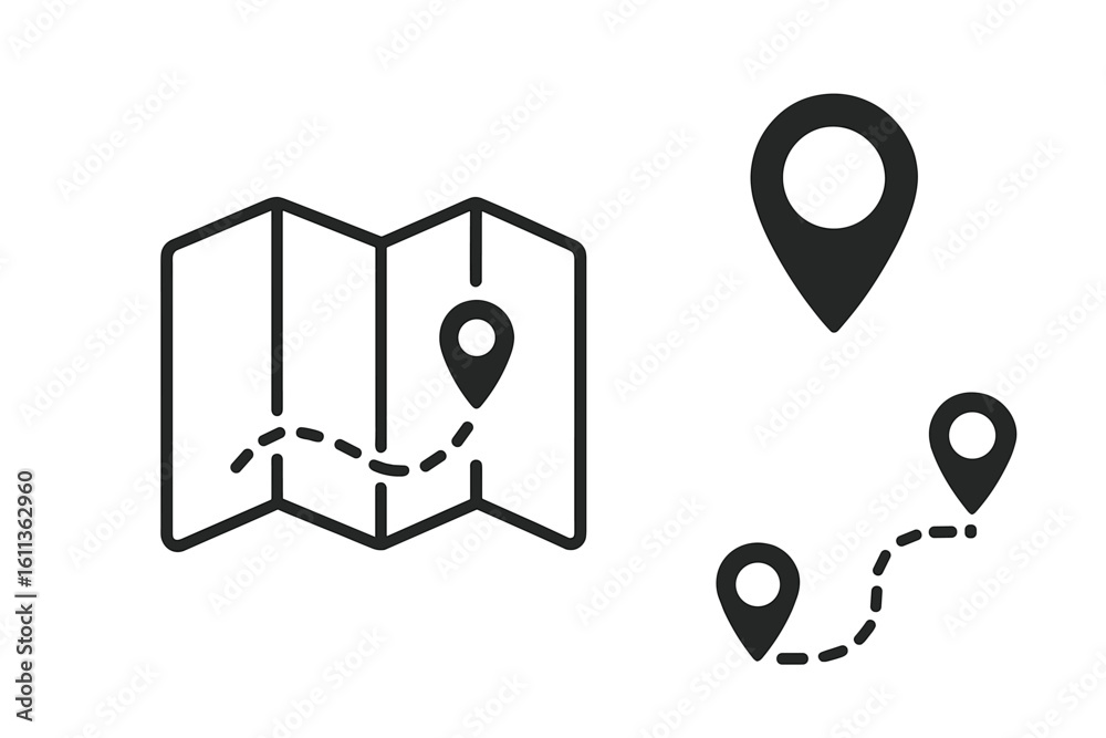 Poster gps navigation icon set of folded map with dashed route path and location pin pointers, black pictog