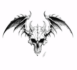 Obraz premium A highly stylized black and white illustration of a skull with bat like wings, sharp horns, intricate details,