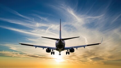 Obraz premium An Airplane Approaches for Landing Against a Beautiful Sunset Sky with Wispy Clouds, Capturing the Essence of Travel and Adventure